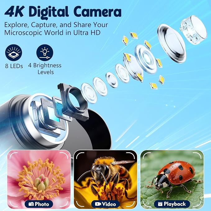Odatay 2.4" 4K 1000X Digital Kids Microscope with 32G Card 12 Slides Orange | Long distance viewing, portable handheld edu gift toys for age 3-12, exploring bugs plants at home classroom & outdoor travel