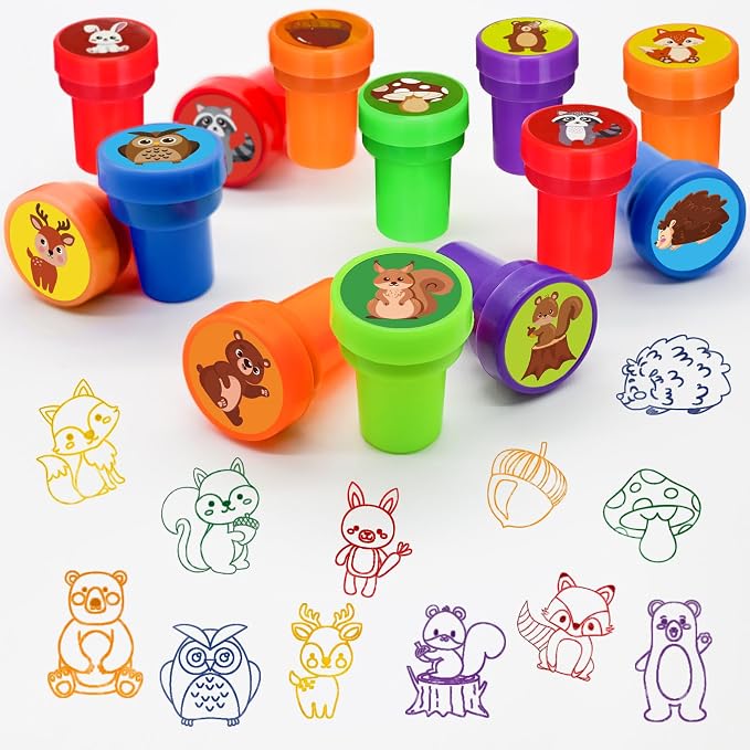 Cinrobiye 24 Pcs Woodland Animals Stampers Party Favor Set, Cute Forest Animal Stamps for Kids Birthday Party, Classroom Rewards, Nature Learning Toys, Goody Bag Fillers