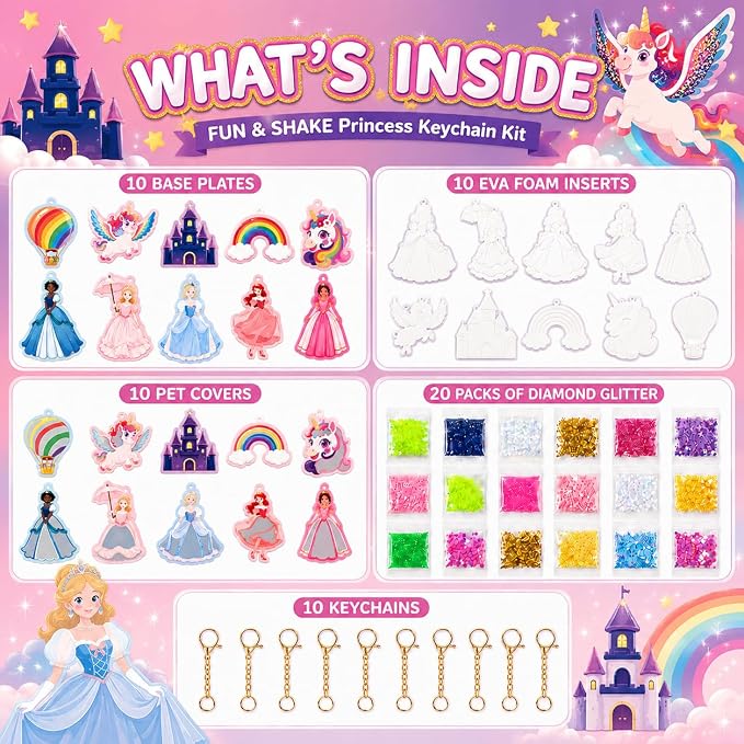 DIY Glitter Craft Kit with Keychains - Mess-Free Arts and Crafts for Kids Ages 4-8, Fun Shake-It Activity, Creative Travel Toys, Party Favors & Birthday Gifts for Girls 4-9