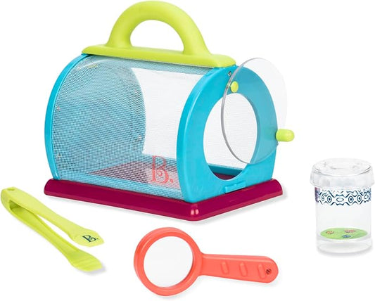 B. toys Bug Bungalow Bug Catching Kit with Mesh Bug House Case, Summer | 4-piece insect catching kit with mesh case, magnifying container, tweezers, magnifier, carry handle for nature play, 3+ Years