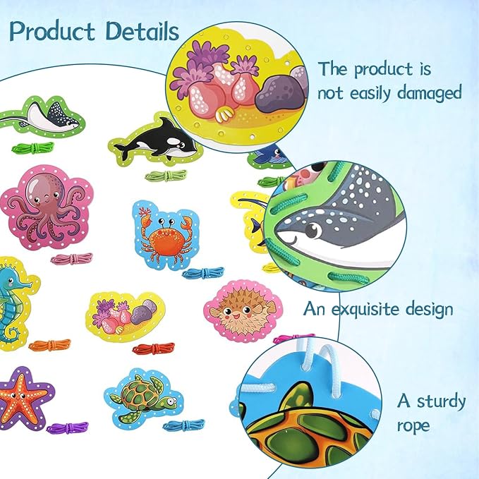 Ocean Animal Lacing Card Set for Kids, 12 Colorful Lacing Cards and Laces, Fun DIY Craft Project for Toddlers, Preschoolers, Perfect for Home and Classroom Activities, Ocean-Themed Design