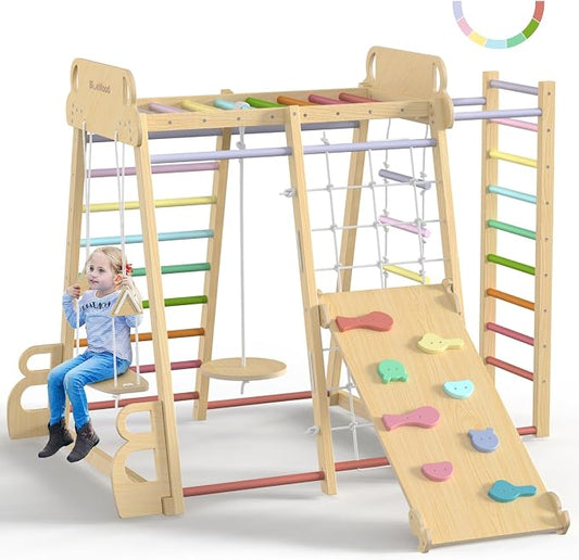 Upgraded Indoor Jungle Gym 9-in-1 Playground Kids Climbing Toys | Waldorf Style Wooden Climber Playset with Slide, Swing, Monkey Bars, Upright/Rope Ladder, Climb Net, Rainbow