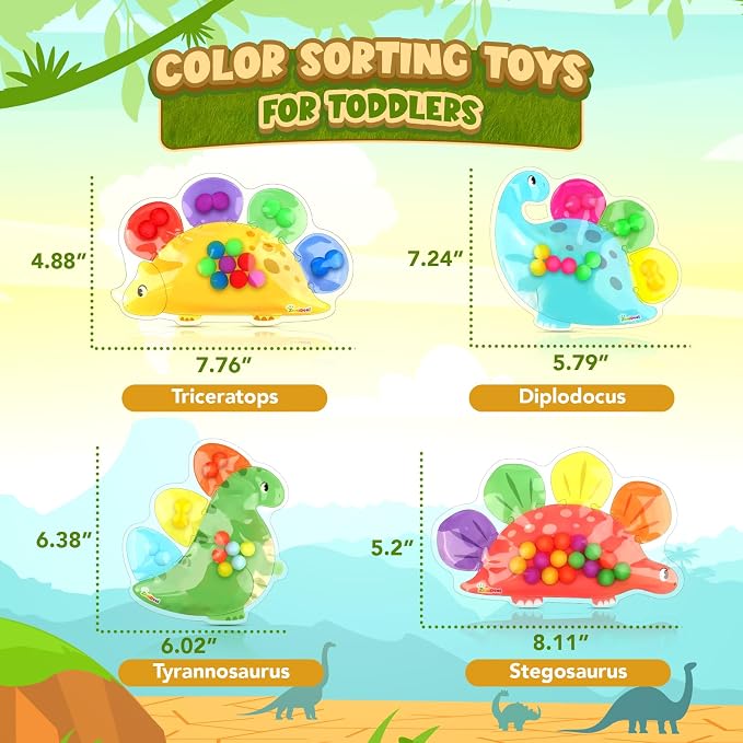 Dinosaur Color Sorting Sensory Toy, Roadtrip Travel Essenstial for Toddler | Fine Motor Games Boys Toys, Dementia Autistic Gift Quiet Fidget for Classroom Preschool Learning Activities for Kid Toddler