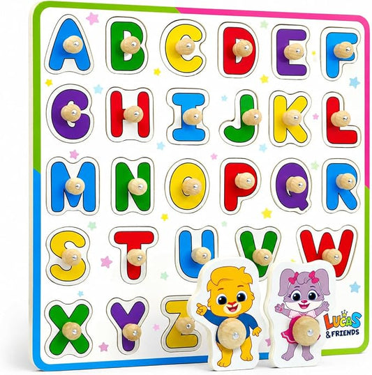 Lucas & Friends Wooden ABC Peg Puzzle for Toddlers, Alphabet Learning Toy | Montessori Learning Toys, Peg Puzzle Board for Preschool Kids, Educational Alphabets Puzzle, Ages 3+, Birthday Gift for Kids