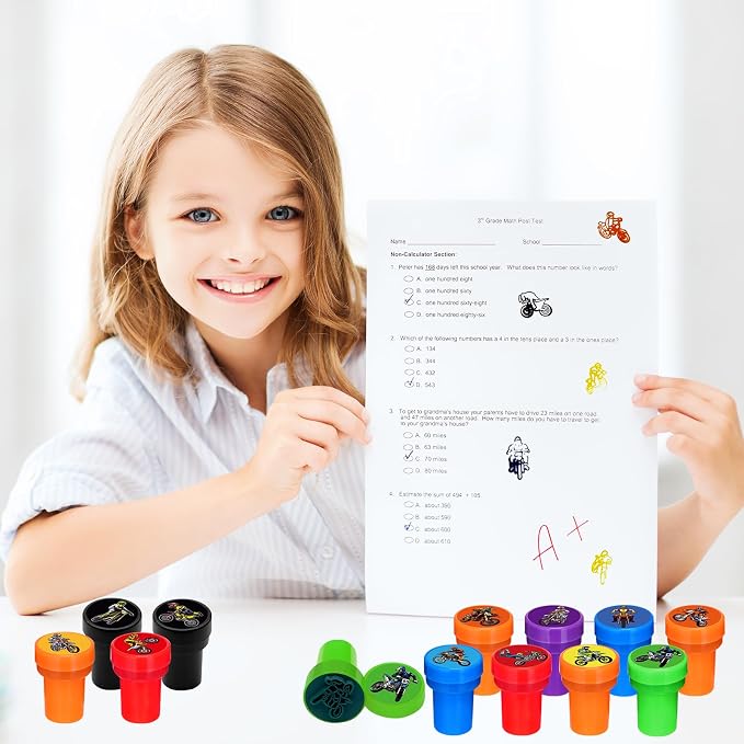 Cinrobiye 24 Pcs Dirt Bike Stampers Party Favor Set, Cute Motocross Stamps for Kids Birthday Party, Classroom Rewards, Sports Prizes, Goody Bag Fillers, Racing Adventure Party Supplies