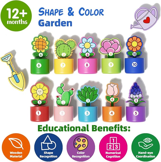 GJZZ Montessori Shape Color Sorting Toys, Flower Garden Wooden Set | Learning, Number Cognition, Fine Motor Skills, Role Play for 2 Year Old Girl