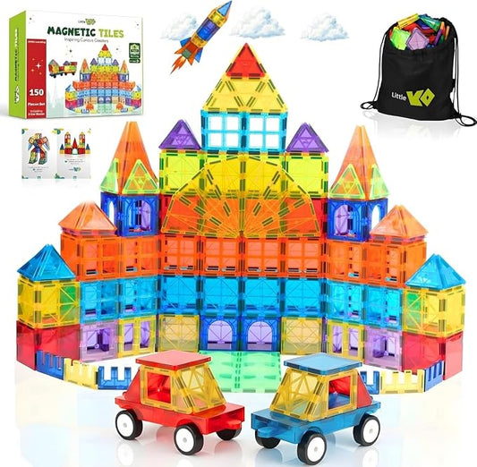 Magnetic Tiles 150 PCS with 2 Cars Bases, STEM Magnet Building Tiles for Kids Ages 3-12, Educational Building Magnets Toys, Creative Construction, Preschool Learning & Play for Childs