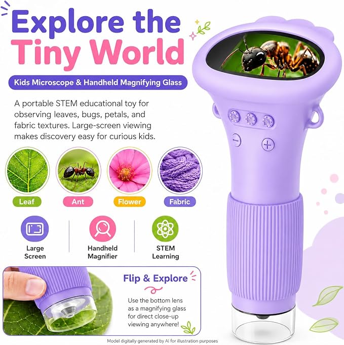 1000X Kids Microscope Handheld Camera, 2'' Screen Wonder Quest Microscope Camera for Kids, Educational Magnifying Glass Toy, Christmas Birthday Gifts for Age 3 4 5 6 7 8 9 10 11 12 Girls Boys - Purple