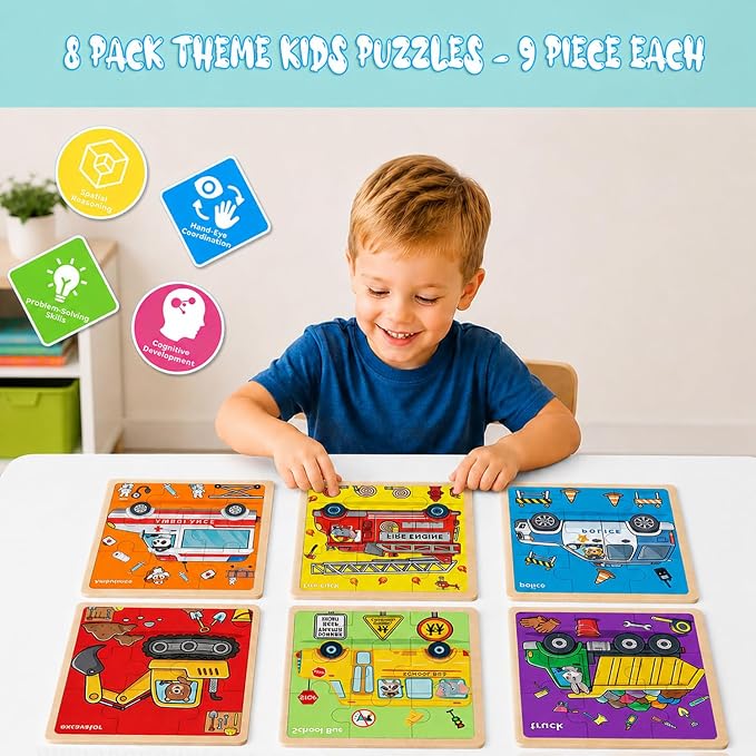 Wooden Jigsaw Puzzles for Kids Ages 3-5, 8-Pack 9-Piece Traffic Puzzles Toy | Transportation Wood Puzzles Set, Toddler Brain Teaser Toys, Gifts for Boys Girls Ages 3 4 5 6