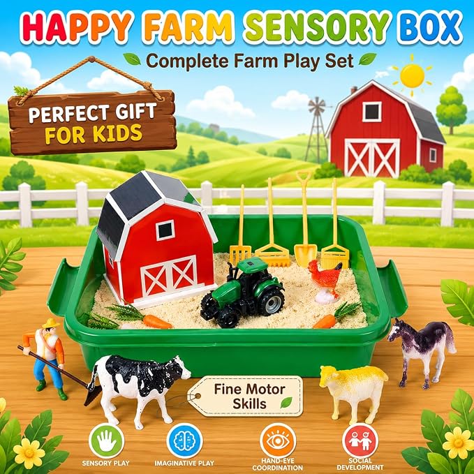 Carolart Farm Sensory Bin with Sensory Sand, Barn Toys & Tractor | Farm toys with farm animals, sensory toys for toddlers, gift for boys and girls ages 3-8