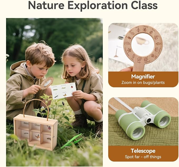 Wooden Scavenger Hunt for Kids Ages 4-8, 6-in-1 Explorer Kit, Bug Catching Kit with Scavenger Hunt Cards, Storage Box, Dice, Magnifying Glass, Indoor/Outdoor Games for Kids Ages 4+