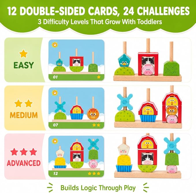 hahaland Montessori Toy for 1+ Year Old, Wooden Farm Stacking Sorting Toy | Toddler Puzzle Activity with Lacing Beads, Shape Cards & Brain Blocks, Learning Gift for Boys Girls 12+ Month