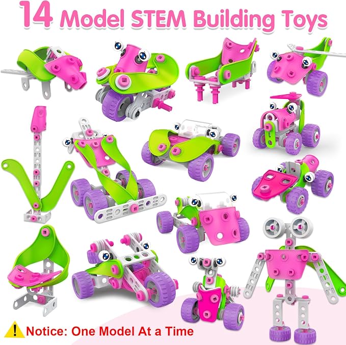 Tsomtto Educational STEM Toys for 4 5 6 7 8+ Year Old Girl Birthday Gifts | Pink Building Toys Stem Kits Activities for Kids Ages 4-8 5-7 8-10 Construction Toys for Girls 4-6 6-8 Creative Games