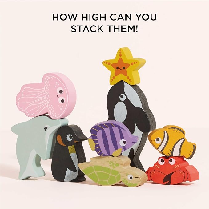 Le Toy Van Under the Sea Ocean Animals Stacking Toy and Bag | Sustainable Wooden Balancing Toy, Sea Animal Characters for Toddlers, Suitable for 18 Months and Up