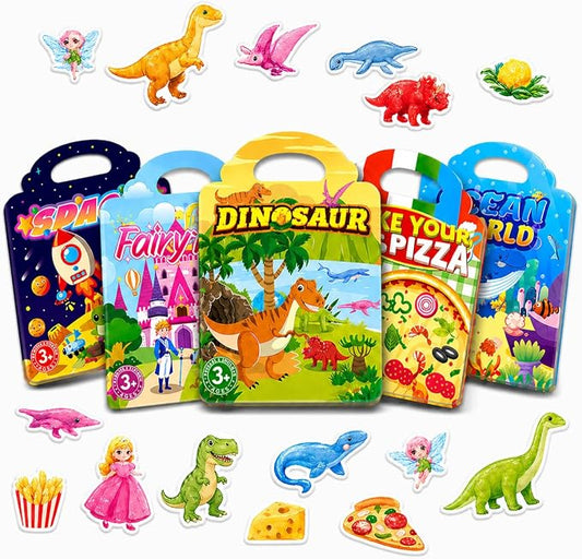 Sticker Books for Toddlers 2-4 Years, Travel Sticker Book with Washable Jelly Stickers, Foldable Carry Handle Quiet Toy, 5 Theme Scenes for Kids 3-5, Dinosaur+Space+Ocean+Fairy Tale+Pizza