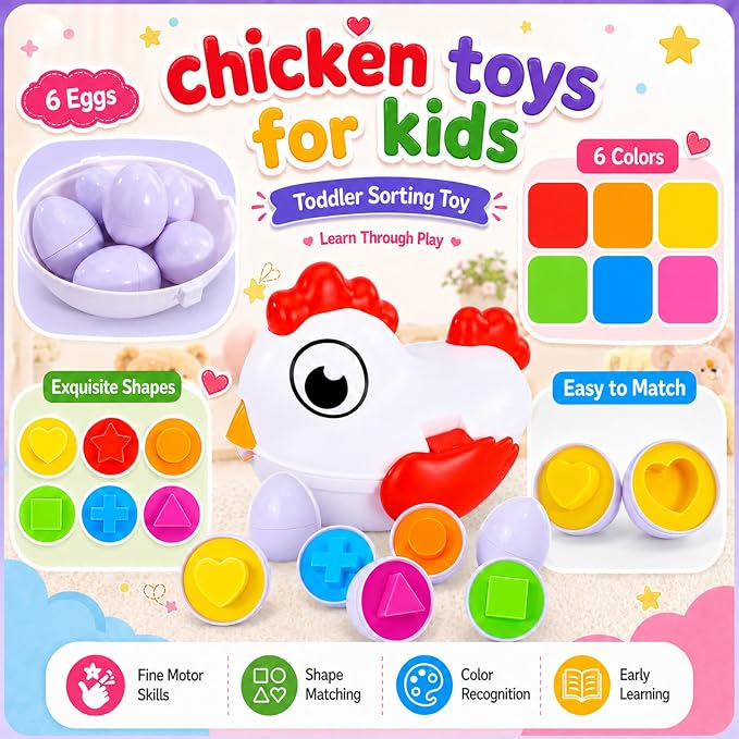Toddlers Easter Chicken Eggs Matching Toys for Boys Girls 2 3 4 5 Years, Colors & Shape Matching Game, Preschool Sensory Fine Motor Skills Development Toy, Birthday Gifts for Baby Boys Girls