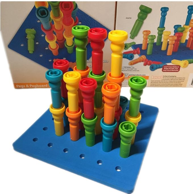 Peg Board Set Toys-Montessori Occupational Therapy Fine Motor Skills Toy, Suitable for Toddlers and Preschoolers Over 3+ Year Old. 25 Tall-Stacker Pegs Rubber 8" Pegboard