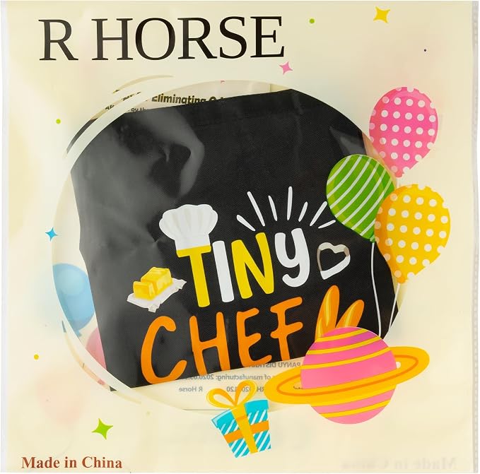 R HORSE 2 Pieces Kid Apron and Chef Hat Set, Dress up Role Play Chef Toy | Black Tiny Chef Adjustable Children Kitchen Apron with Pockets, Ideal for Cooking, Baking, Painting, Cooking Birthday Gift