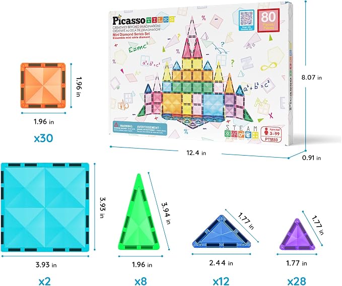 PicassoTiles 80 PCs Magnetic Tiles Travel Size Mini Version Building Block Construction Set for Kids Great Gift Ages 3+ Boys & Girls Preschool Kindergarten Montessori Playing Toys Stacking Fun PTM80
