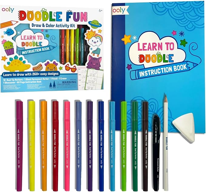 Ooly Learn to Draw & Color Activity Book Kit, 17 Piece | Ages 6+, 12 Double-Sided Markers, 1 Permanent Marker, Pencil, Eraser, and Sharpener, Doodle Fun, Screen-Free Fun