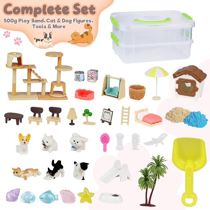 Crelloci Double-Layer Pet Magic Sand Playset, 2 Colors Magnetic Sand Sensory Bin with Cat & Dog Figures, Mess-Free Sand Toy Kit for Kids, Creative Sensory Play, Gift for Boys & Girls Age 3+
