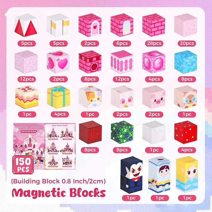3 otters 150PCS Magnetic Blocks, with a Storage Bag, Princess Castle | Montessori Building Toys for Girls, Stem Thinking, Spatial Skills, Hands-on Focus, Hoilday Gifts