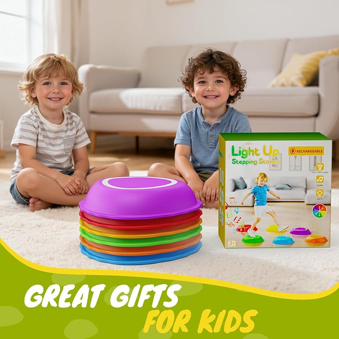 Rechargeable Stepping Stones for Kids, 6pcs Music and Light Up Non-Slip Balance Sensory Toys for Toddler, Kids Indoor and Outdoor Play Equipment, Birthday Gifts Toys for 2 3 4 5+ Year Old Kids