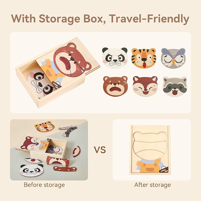 Emotion Animals Wooden Puzzle for Ages 3+, Mix-and-Match Animal Faces with Storage Box, Montessori Toy for Fine-Motor & Storytelling, Birthday