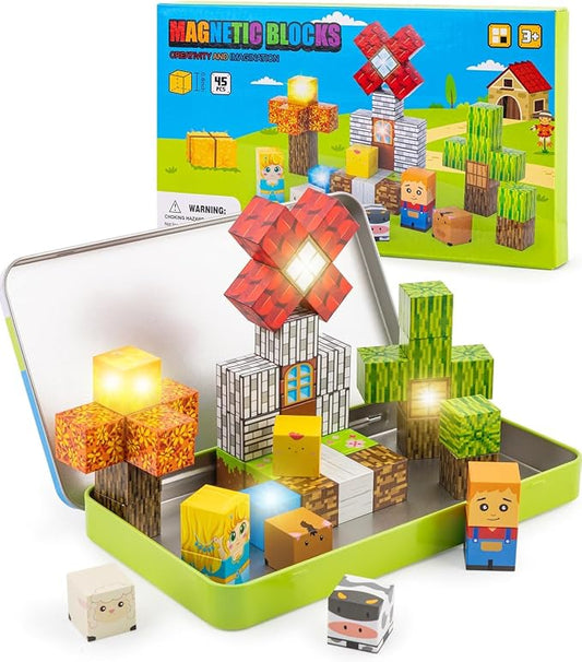 Magnetic Blocks 45 pcs Travel Toys with Light-Up Cube, Forest | Travel Essentials for Airplane, Road Trip & Camping, Gift for 3-8 Year Old Boys & Girl, STEM Learning Toy for Toddlers & Kids