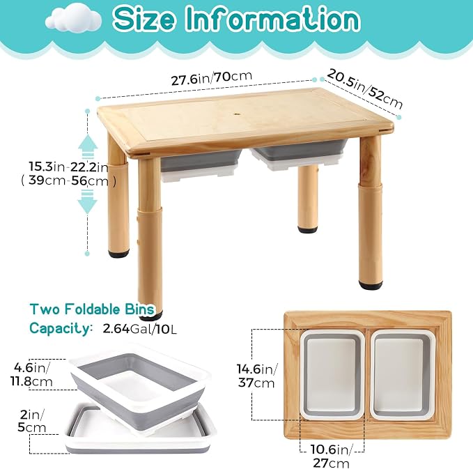 FUNLIO Wooden Sensory Table for Toddlers 1-5, 4-Level Height Adjustable Kids Activity Table with Anti-Warping Plywood Lid, Indoor/Outdoor Play Sand and Water Table, CPC Certified