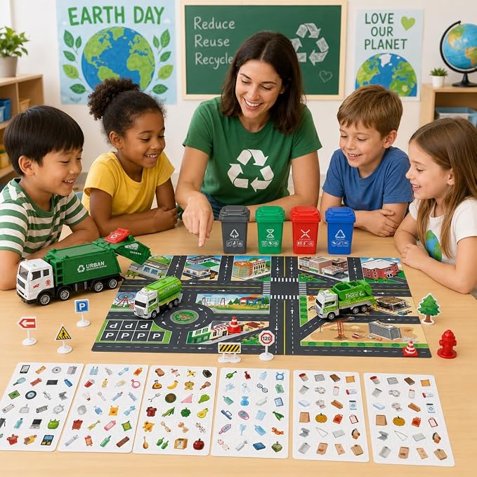 Cinrobiye Garbage Truck Recycling Activity Set with Trash Bins, Sorting Cards, City Map, Road Signs & Vehicles, Earth Day Supplies for Classroom Projects, Environmental Awareness Activities