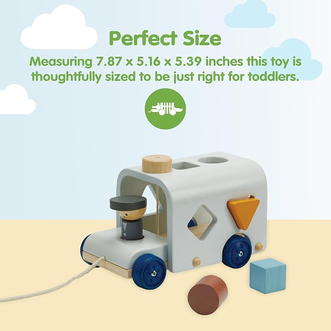 PlanToys® Wooden Shape Sorting Bus Toy for Kids Ages 3+ Montessori Play Set | pull along toy, shape sorter, color learning, girls, boys, fine motor coordination educational gift for toddlers age 3+