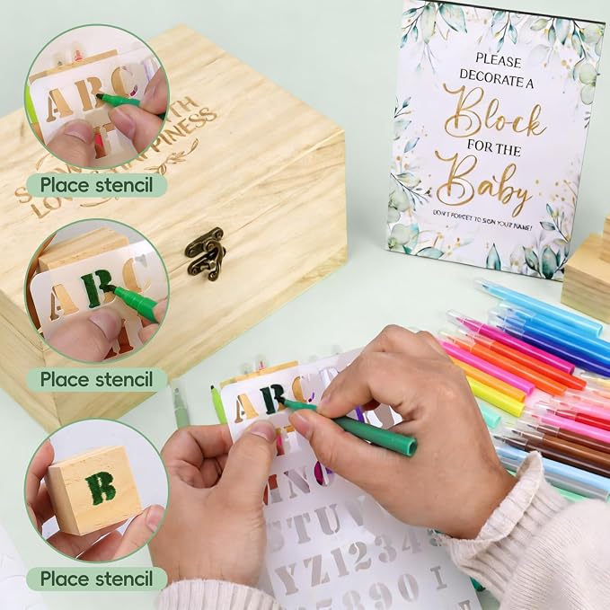 96 Pcs Decorate A Block Baby Shower, Fun Baby Shower Games Sign Kit, Baby Shower Blocks to Decorate, Baby Blocks Wooden Box with 52 Wooden Blocks 36 Paint Markers 1 Game Sign 6 Stencil Templates