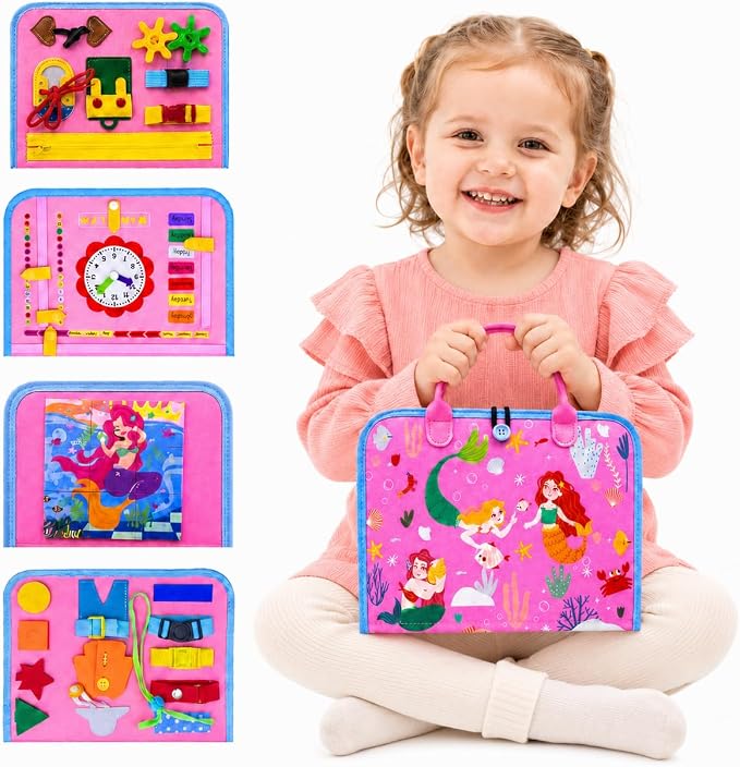 Montessori Busy Board for Toddlers 1-3, 4 Pages 15+ Activities Sensory Toy, ABC Numbers Colors Learning, Toddler Quiet Book Travel Toy, Preschool Educational Gift for Boys Girls, Pink Mermaid