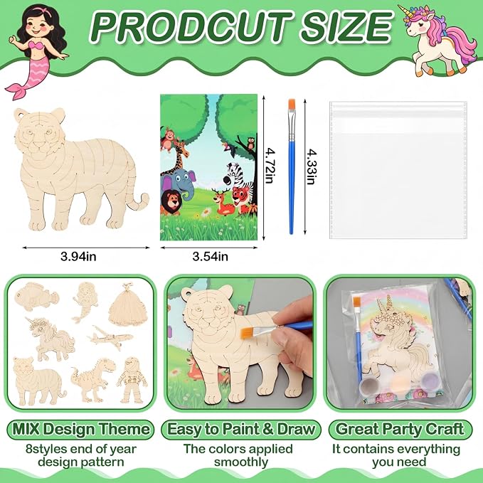 Saypacck 24 Pcs Animal Theme Party Favors Wooden Paint Craft Kits | Princess Unicorn Fairy Cowgirl Themes, With Brush Organza Bag, Ideal for Kids Girls Birthday Party Goodie Bag Fillers