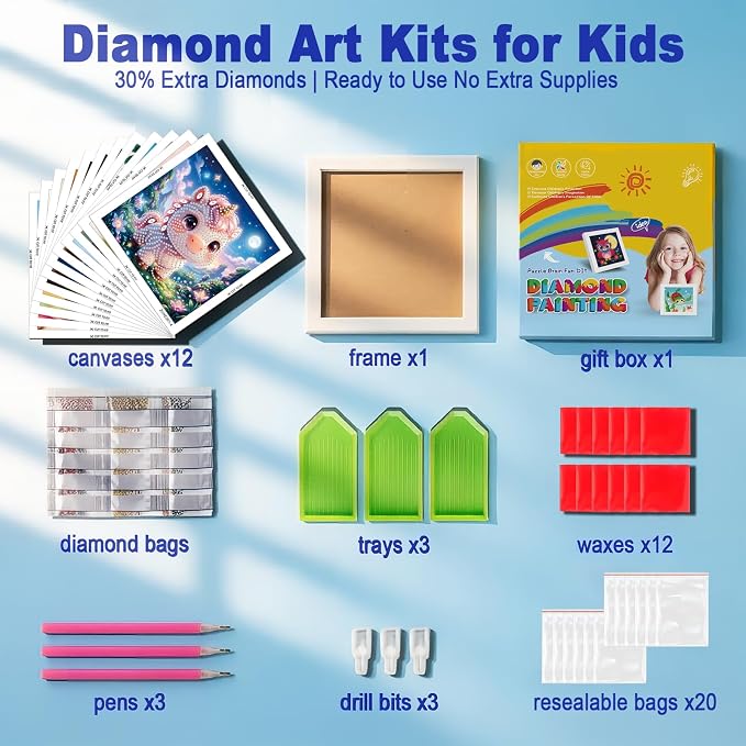 DOZEEZOP 12-Pack Small Diamond Art Kits for Kids 6-12, Land-Animals 7"x7" | 5D Diamond Painting, Partial Round & Special Drills, Desktop & Wall Decor, Beginner DIY Craft, Stress Relief Gift