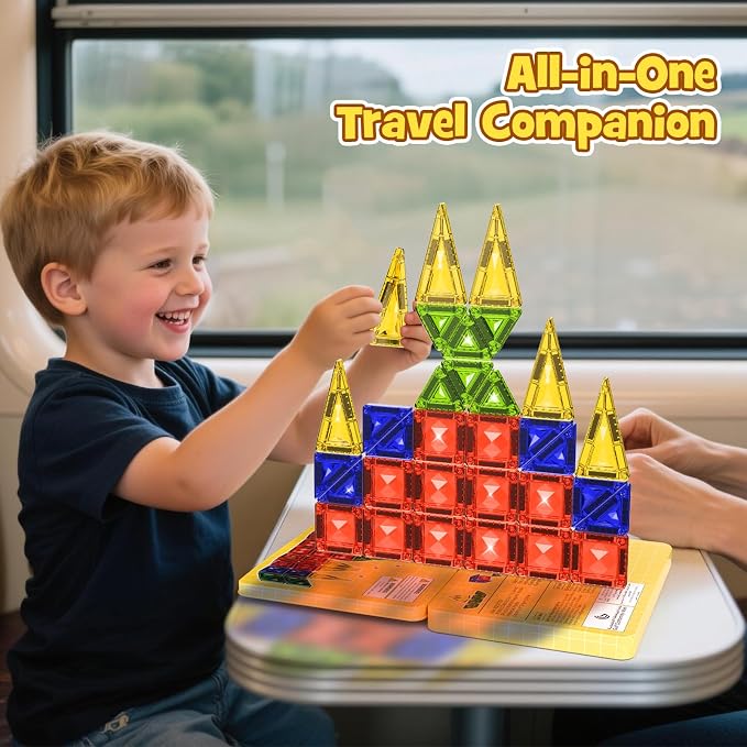 40PCS Magnetic Tiles Travel Storage Diamond Blocks 10% Thicker 3+ | Magnetic tiles with diamond texture & yellow box. Great for travel, car rides, Montessori play & on-the-go fun