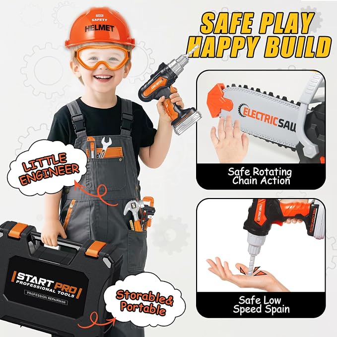 Toddler Tool Set, Kids Tool Box with Toy Chainsaw, Kids Toys for Boys 3-5 | 48 Pcs Construction Tools Kit with Electronic Toy Drill, Christmas Birthday Gifts for Boys Girls Ages 3 4 5 6 7 8, Orange