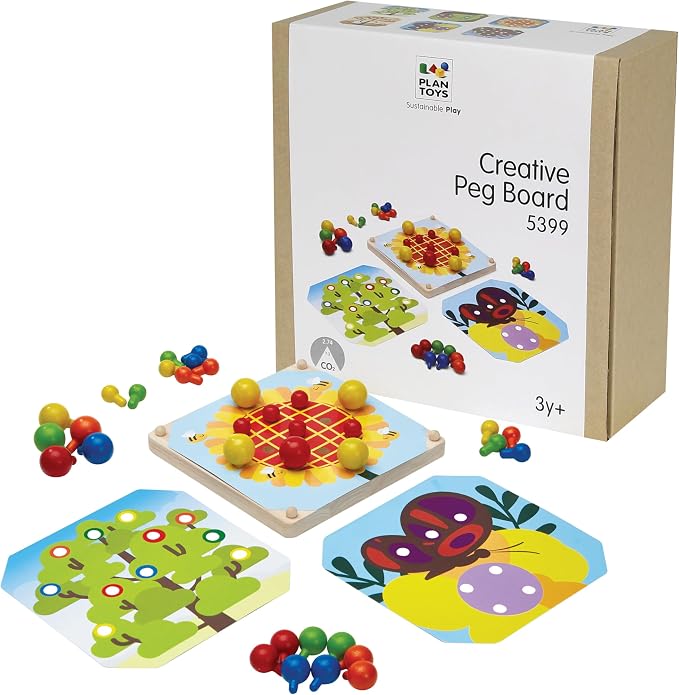 PlanToys® Creative Peg Board Wooden Toy for Kids Ages 3+ Montessori Set | pegs, holes, pattern blocks, colorful pieces, girls, boys, imaginative fine motor hand-eye coordination gift preschool set