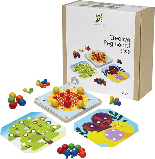 PlanToys® Creative Peg Board Wooden Toy for Kids Ages 3+ Montessori Set | pegs, holes, pattern blocks, colorful pieces, girls, boys, imaginative fine motor hand-eye coordination gift preschool set
