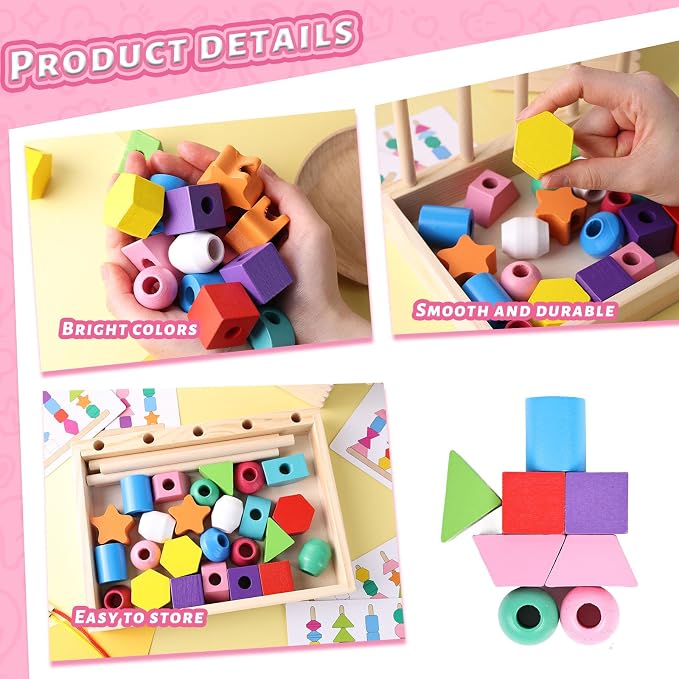 LovesTown Beads Sequencing Toy, Wooden Shape Stacking, 8 Cards, Frame | Montessori Sorting, Matching Game, Fine Motor Skills Development, Hand-Eye Coordination, for Toddler