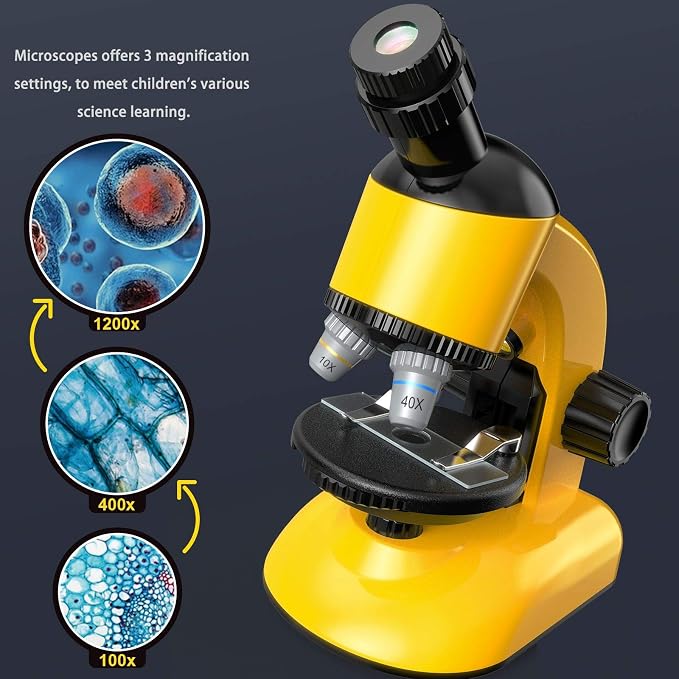 Microscope Kit for Kids - LED 40X-1200X Magnification Science Toy, Slides With Specimens, STEM Kit for Students