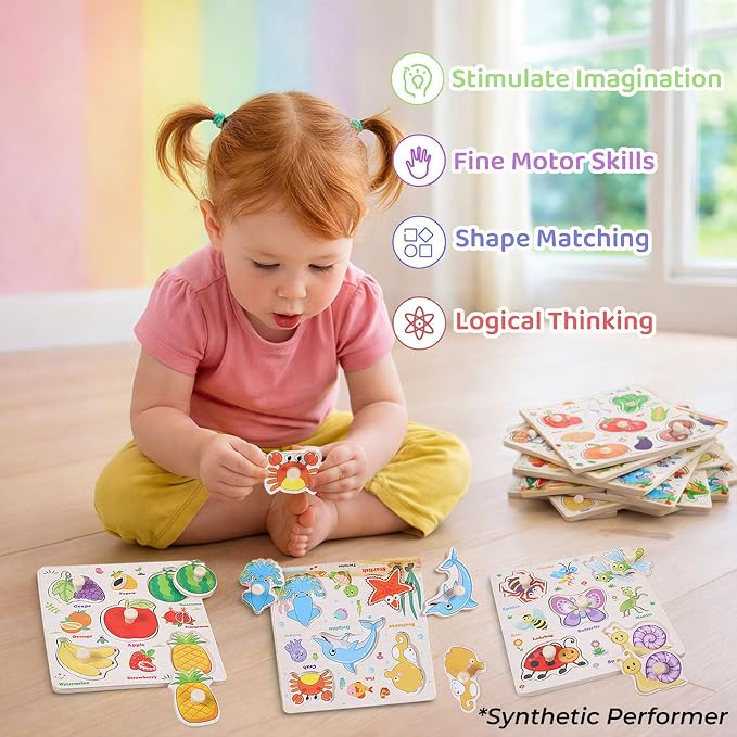 Wooden Puzzles for Toddlers 1-3, 8 Pack Peg Puzzles for Kids with Animals, Dinosaurs, Fruits, Vegetables, Educational Preschool Learning Toys, Birthday Gifts for Boys, Girls