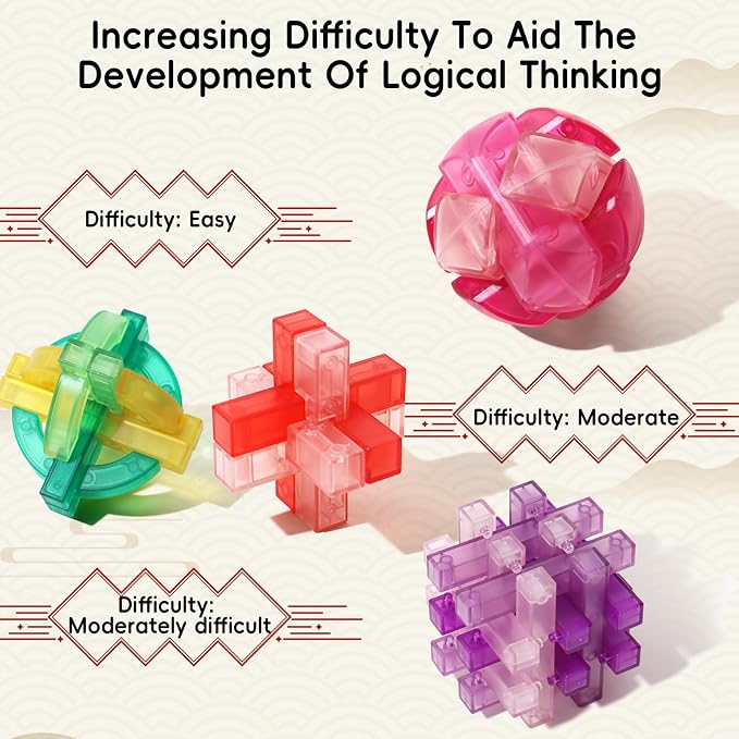 4 PCS Colorful Translucent ABS Luban Lock Set, Premium Brain Teaser Puzzles for Kids Teens Adults, Interlocking Disentanglement Mind Puzzles, Montessori STEM Educational Toys, Mini Game for Travel