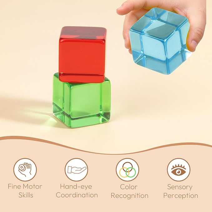 Woodtoe Large Building Blocks for Toddlers, Montessori Stacking Toys for 1 2 3 4 Year Old Baby Boys Girls, No Choking Hazard, Big Acrylic Gem Cubes Rainbow Blocks, STEM Sensory Toy Gifts for Kids 1-3