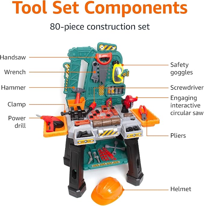 Amazon Basics Kids Workbench Construction Toy, Pretend Play Tool Set with 80 Pieces, Educational Interactive Playset, Play Helmet & Safety Goggles, for Ages 3 and Up, Multicolor, Medium