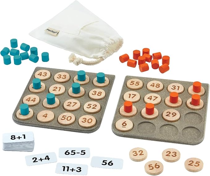 PlanToys® Wooden Math Bingo Game Montessori Number Kids Classroom Play | numbers, tiles, math games, wooden cards, girls, boys, counting, logical thinking learning gift preschool family new set