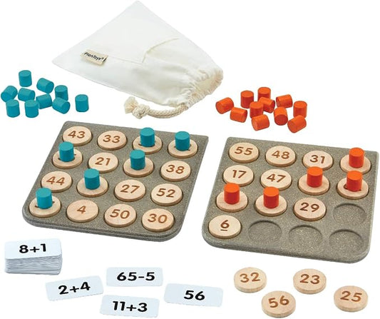 PlanToys® Wooden Math Bingo Game Montessori Number Kids Classroom Play | numbers, tiles, math games, wooden cards, girls, boys, counting, logical thinking learning gift preschool family new set