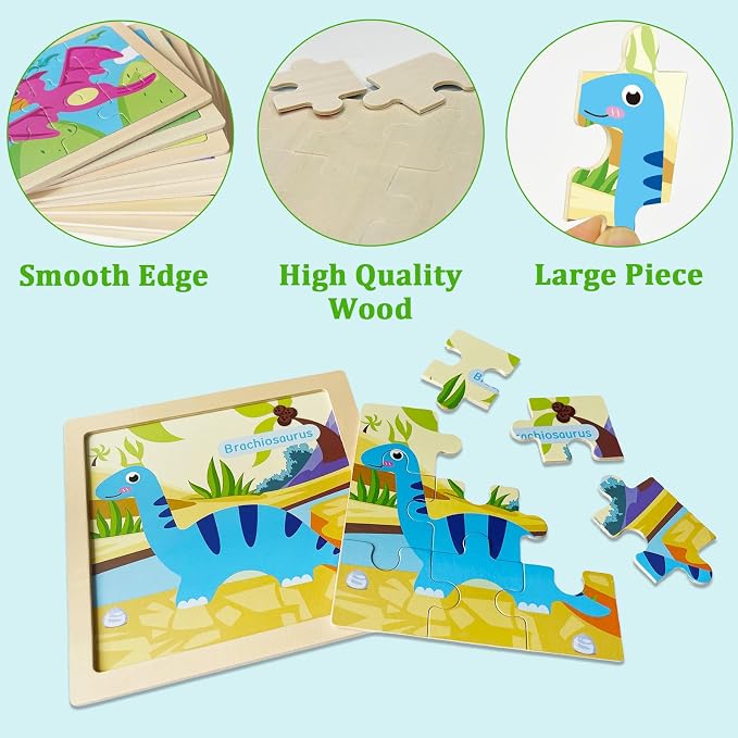 Wooden Puzzles for Toddlers 3+, 9 Pieces Dinosaur Jigsaw Puzzles for Kids Ages 3-5, Preschool Learning Activities, Learning & Educational Toys, Gifts for Boys, Girls