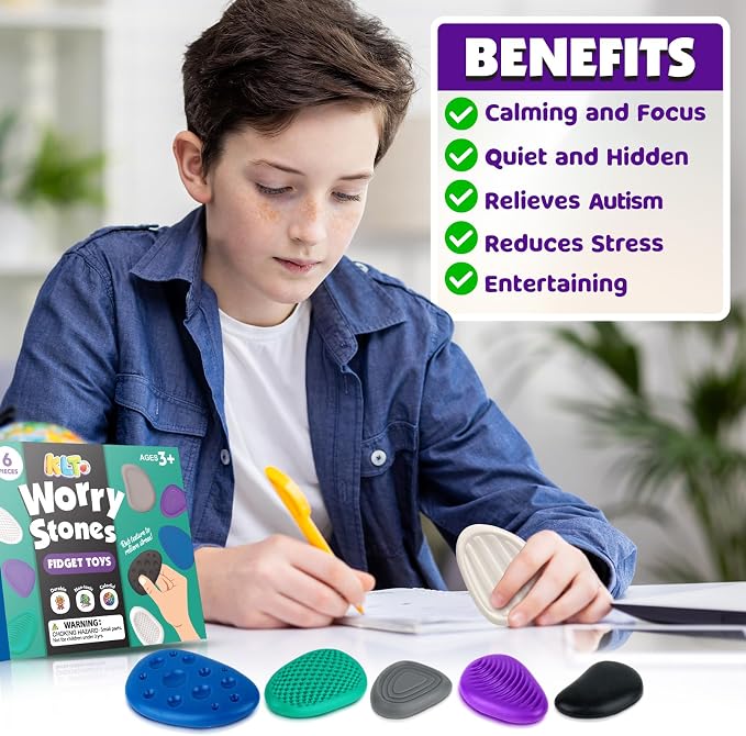 Fidget Toys Adults Sensory Stone: 6 Pack Textured Worry Stone for Autism Kids Calming Down - Fidget Stress Toys for Stress Relief - Small Students Prizes Fidget Toys